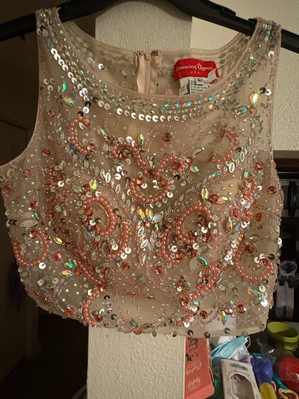 Dancing Queen Nude Beaded Sequin Crop Top with Pink Accents